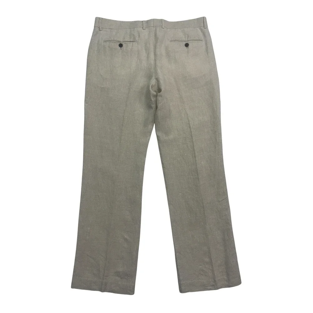 Beige 100% Linen Dress Pants 36x32 Flat Front Lightweight Trouser Mens Straight